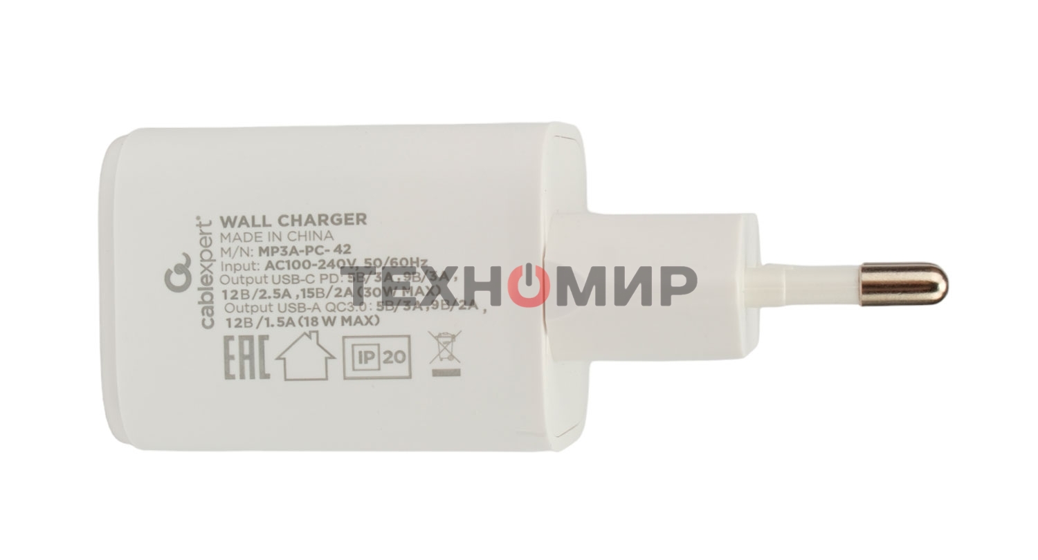 Сетевое зарядное устройство Cablexpert MP3A-PC-42, 30Вт, быстрая зарядка QC3.0/PD, 2 порта: USB и Type-C, белый, пакет