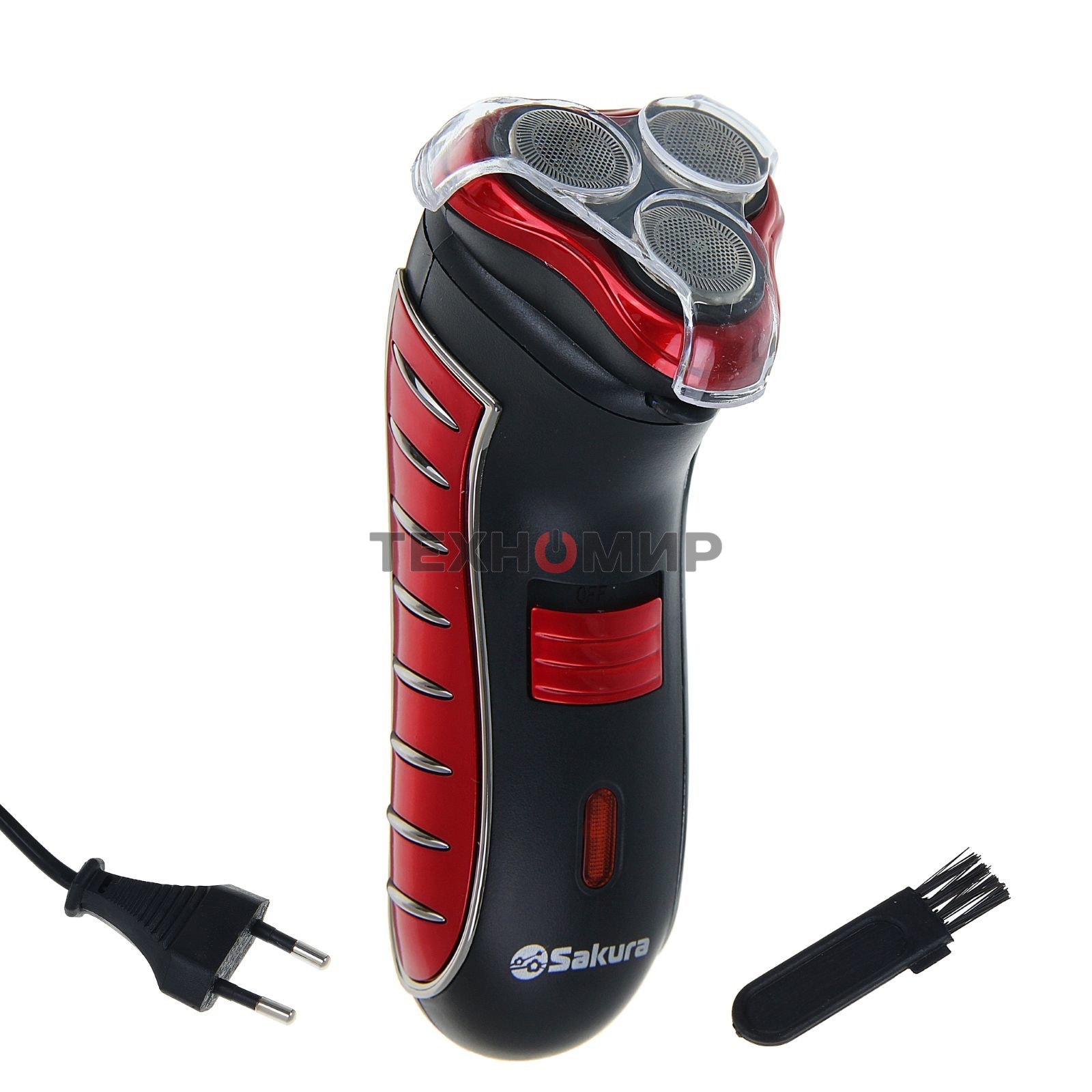 Электробритва Sakura SA-5414RB красно-черный(Бритва электрическая, сухое бритье, работа от аккумулятора. 3 бреющие головки. Индикатор заряда батарейки. Защитная крышка. Щеточка для очистки.)