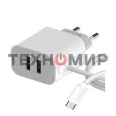 Сетевое зарядное устройство Maxvi CHL-242T 2.4A, with Type-C cable, 2хUSB-A, белый