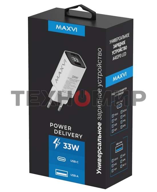 Сетевое зарядное устройство Maxvi A402PD LED 33W, 1xUSB-A, 1xUSB-C, белый