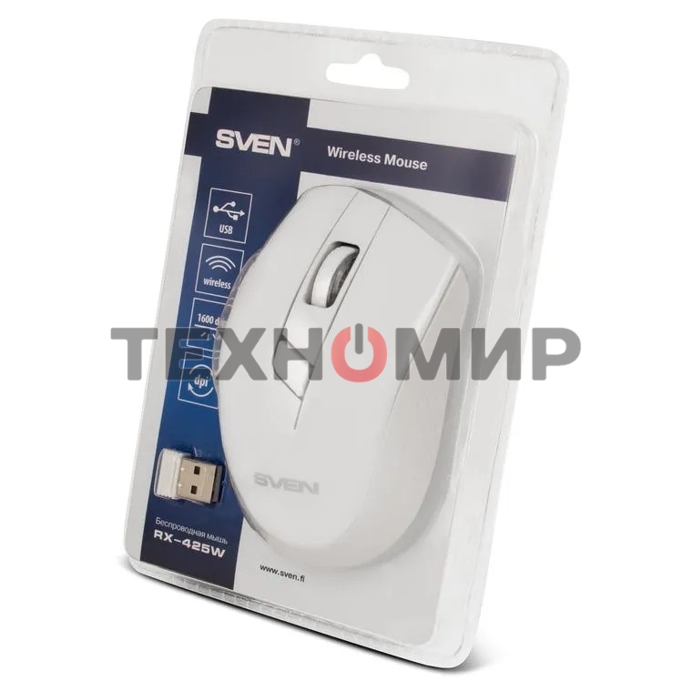 Мышь беспроводная SVEN RX-425W белый, 1600 dpi, радиоканал, USB, кнопки - 6