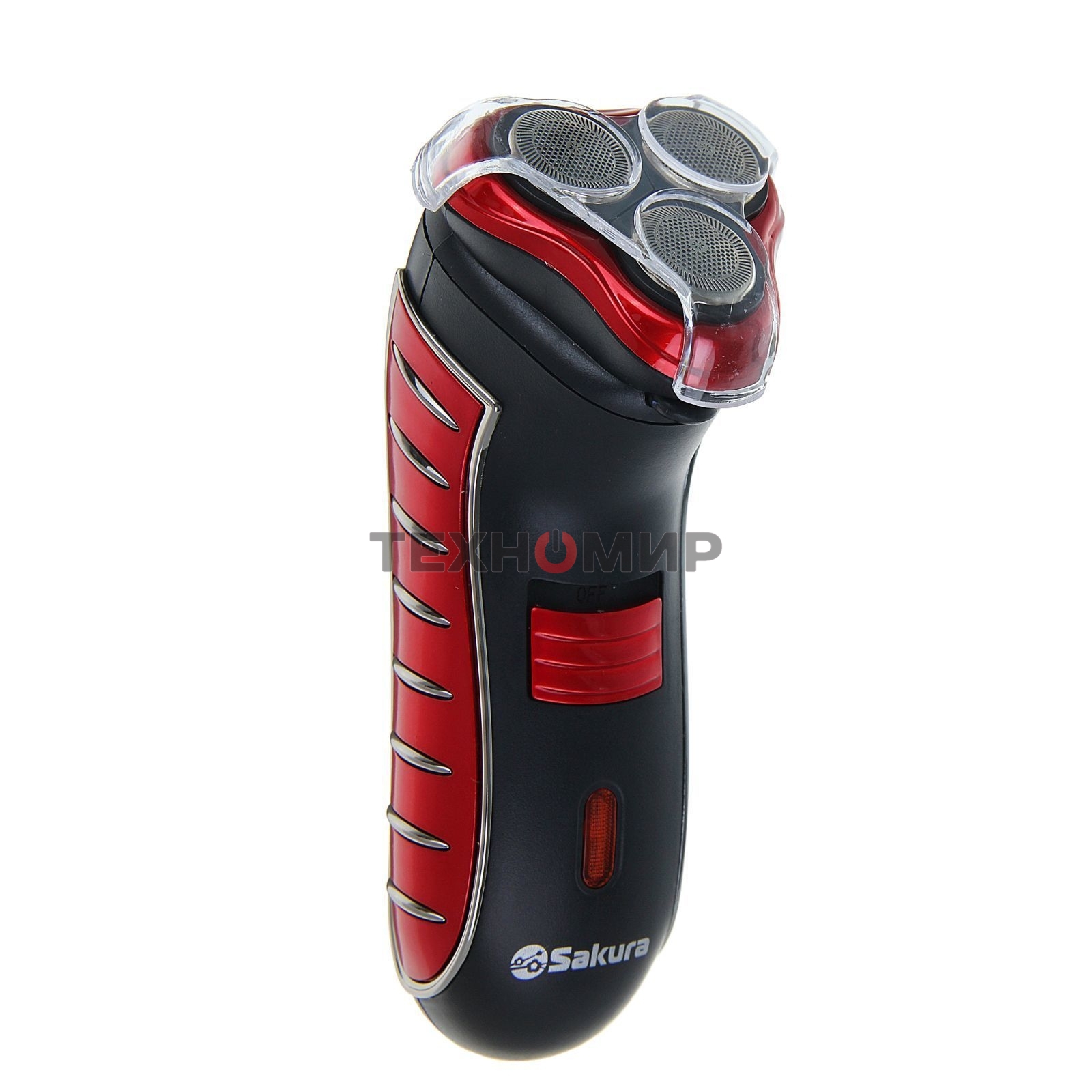 Электробритва Sakura SA-5414RB красно-черный(Бритва электрическая, сухое бритье, работа от аккумулятора. 3 бреющие головки. Индикатор заряда батарейки. Защитная крышка. Щеточка для очистки.)