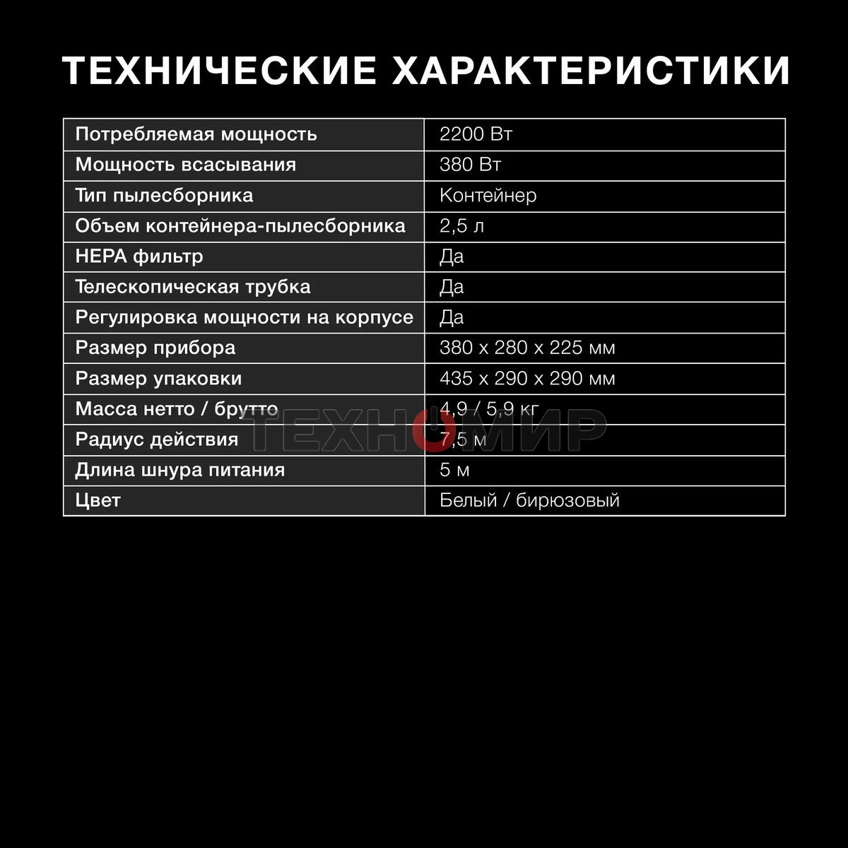 Пылесос Hyundai HYV-C3500 белый/бирюзовый, 380/2220 Вт, уборка сухая, пылесборник контейнер 2.5 л