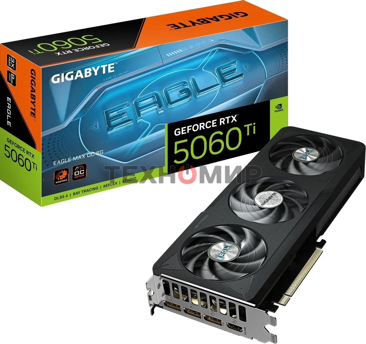 Видеокарта Gigabyte GeForce RTX 5060 Ti Eagle Max OC, NVIDIA RTX 5060 Ti, 8 ГБ GDDR7, 128 бит, PCI-e 5.0, 1xHDMI, 3xDP, 2617 МГц