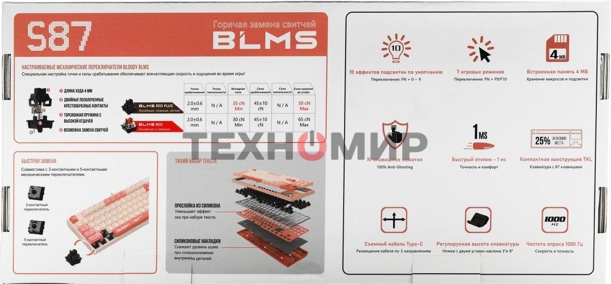 Клавиатура проводная A4Tech Bloody S87 Energy (S87 USB ENERGY PINK) USB розовый