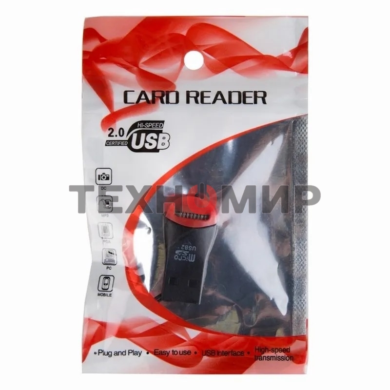Кард-ридер Rexant 18-4110/черный-красный/SD/microSD/microSDHC/USB 2.0/пластик