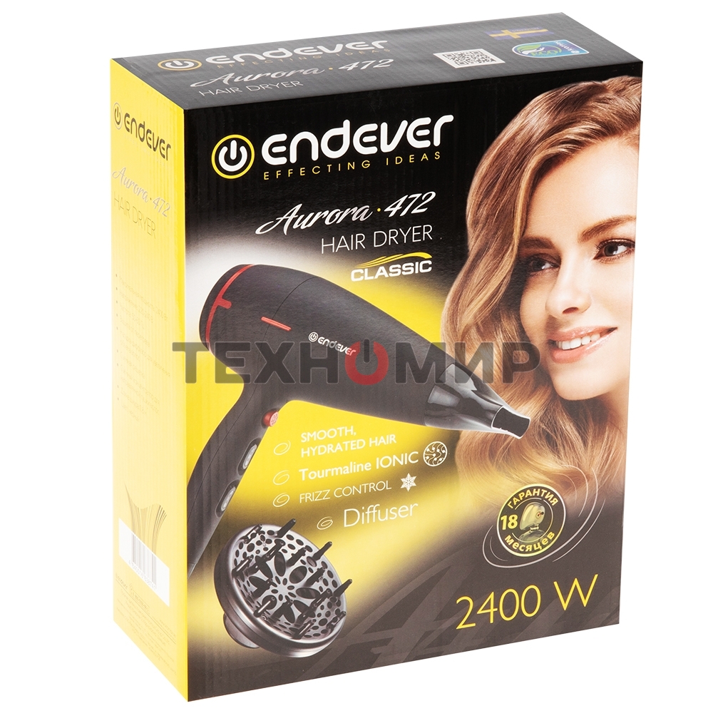 Фен Endever Aurora-472 черный, 2400 Вт,  ионизация