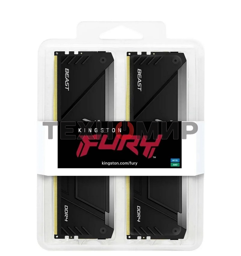 Оперативная память Kingston Fury Beast, DDR4, 32GB (2x16GB), 3200MHz, CL16, DIMM, с радиатором, RGB, черный