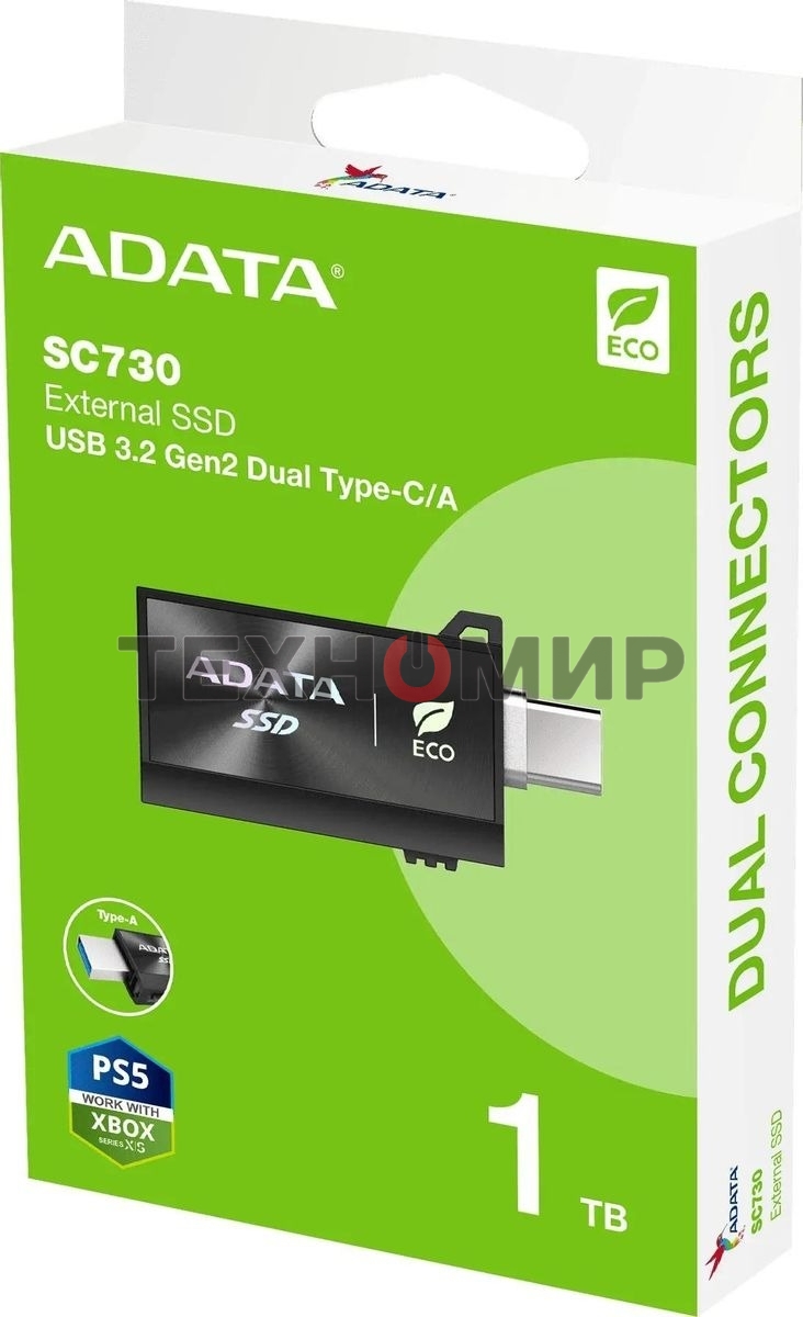 Внешний SSD ADATA SC730, 1TB, USB 3.2 Gen 2 Type-A/Type-C, R/W 600/600, черный