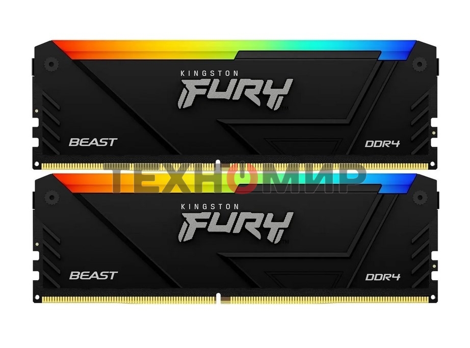 Оперативная память Kingston Fury Beast, DDR4, 32GB (2x16GB), 3200MHz, CL16, DIMM, с радиатором, RGB, черный