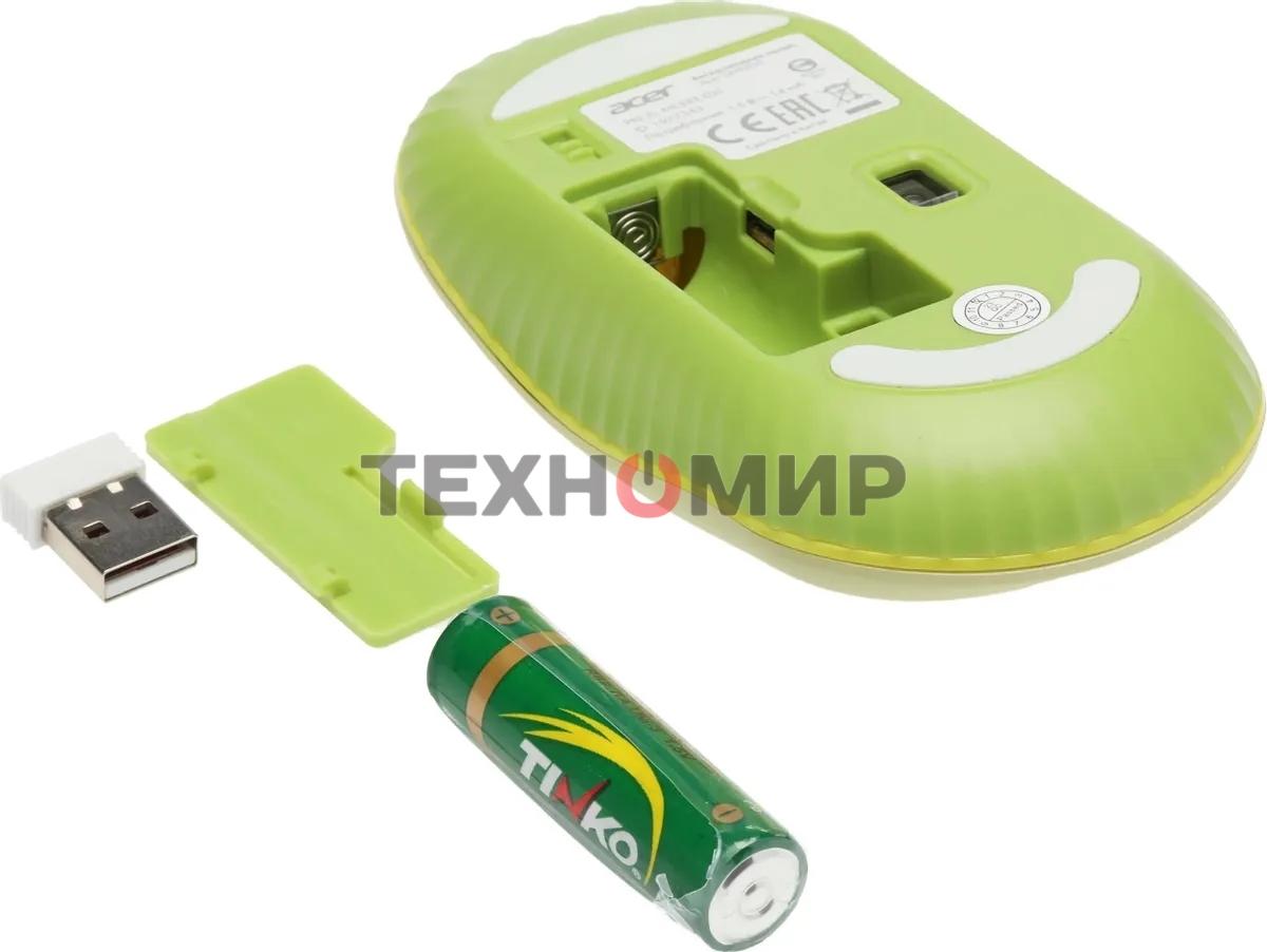 Мышь беспроводная Acer OMR205 зеленый/желтый, 1200 dpi, радиоканал, USB, кнопки - 3