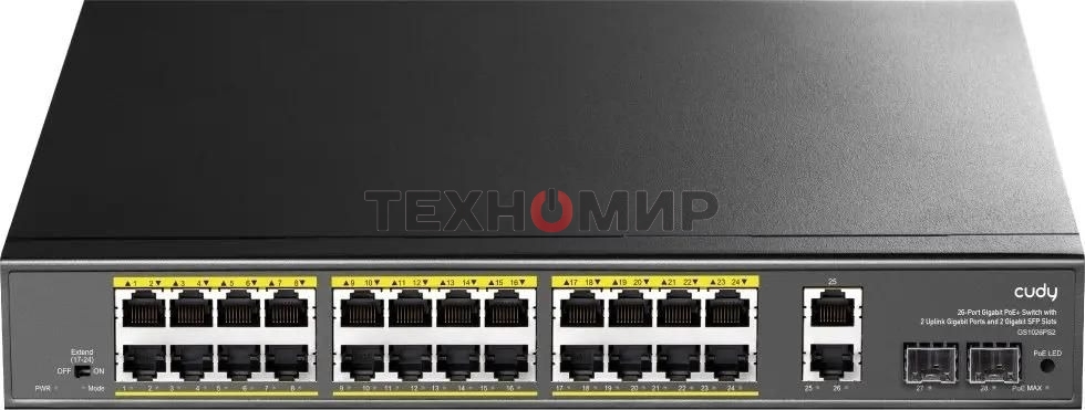 Коммутатор Cudy GS1026PS2, (L2) 26x1 Гбит/с 2xКомбо(1000BASE-T/SFP), 2SFP, 24PoE, 300W, неуправляемый