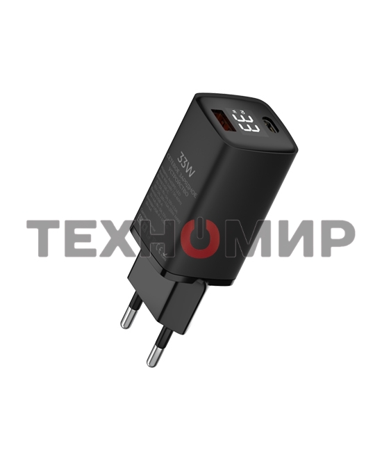 Сетевое зарядное устройство Maxvi A402PD LED 33W, 1xUSB-A, 1xUSB-C, черный