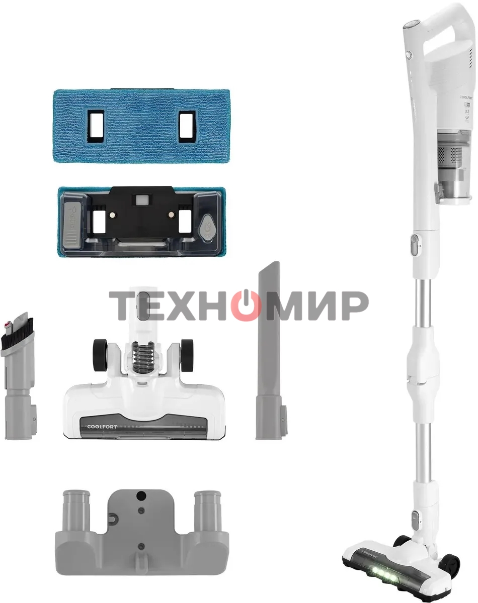 Пылесос вертикальный Coolfort CF-3004 белый, питание от аккумулятора, 150 Вт, уборка сухая/влажная, пылесборник 0,5 л, работа от АКБ max 30 мин.