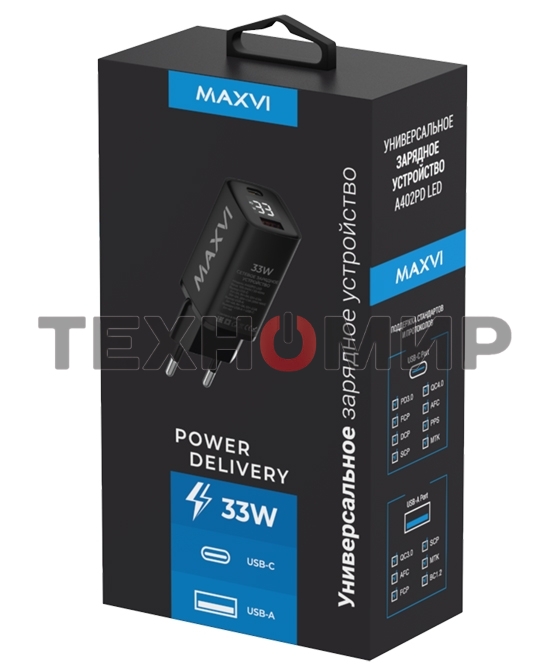 Сетевое зарядное устройство Maxvi A402PD LED 33W, 1xUSB-A, 1xUSB-C, черный