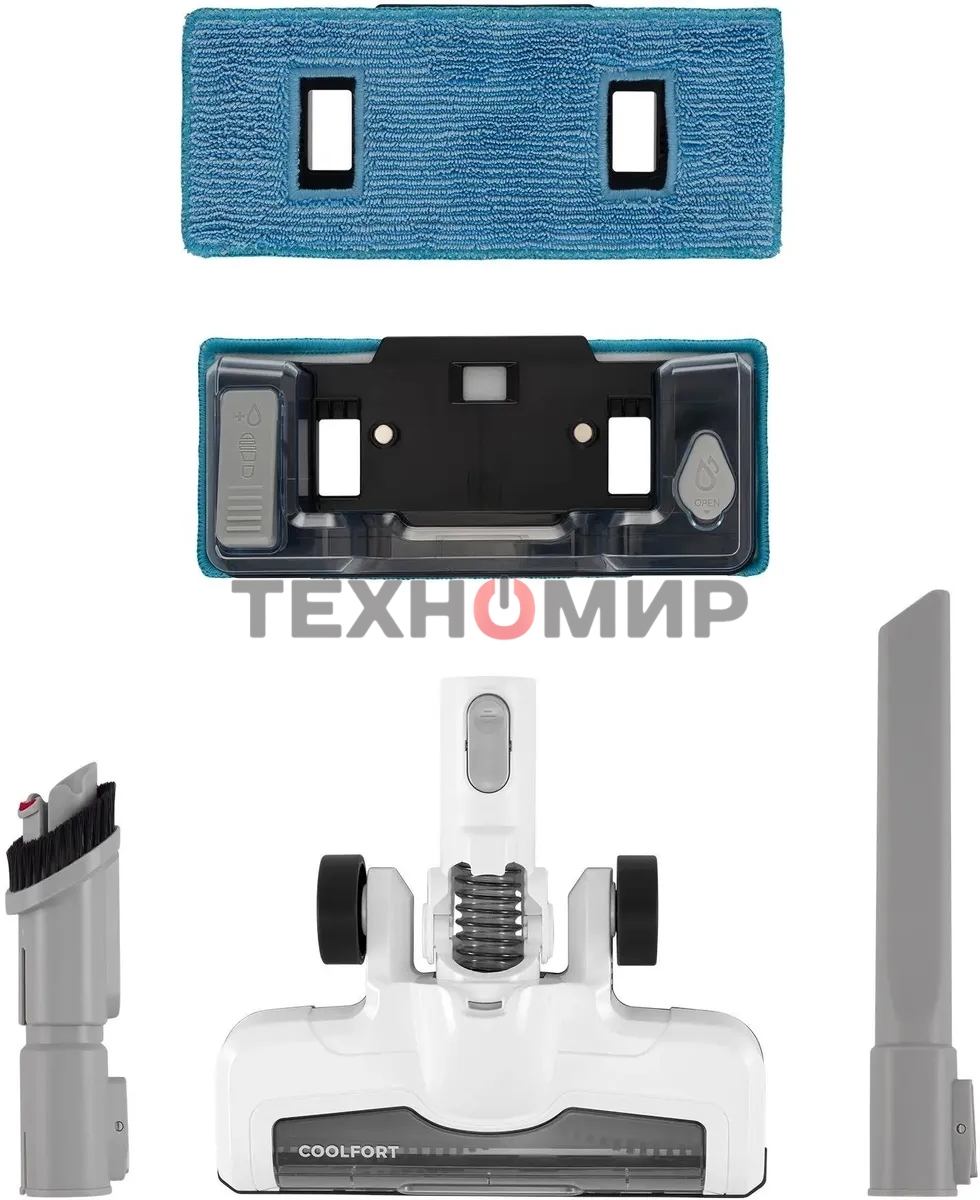 Пылесос вертикальный Coolfort CF-3004 белый, питание от аккумулятора, 150 Вт, уборка сухая/влажная, пылесборник 0,5 л, работа от АКБ max 30 мин.