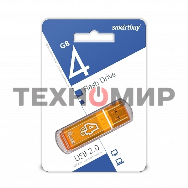 Флешка USB Smartbuy Glossy series Orange (SB4 GbGS-Or), 4Gb, USB 2.0, R/W 25/15, оранжевый