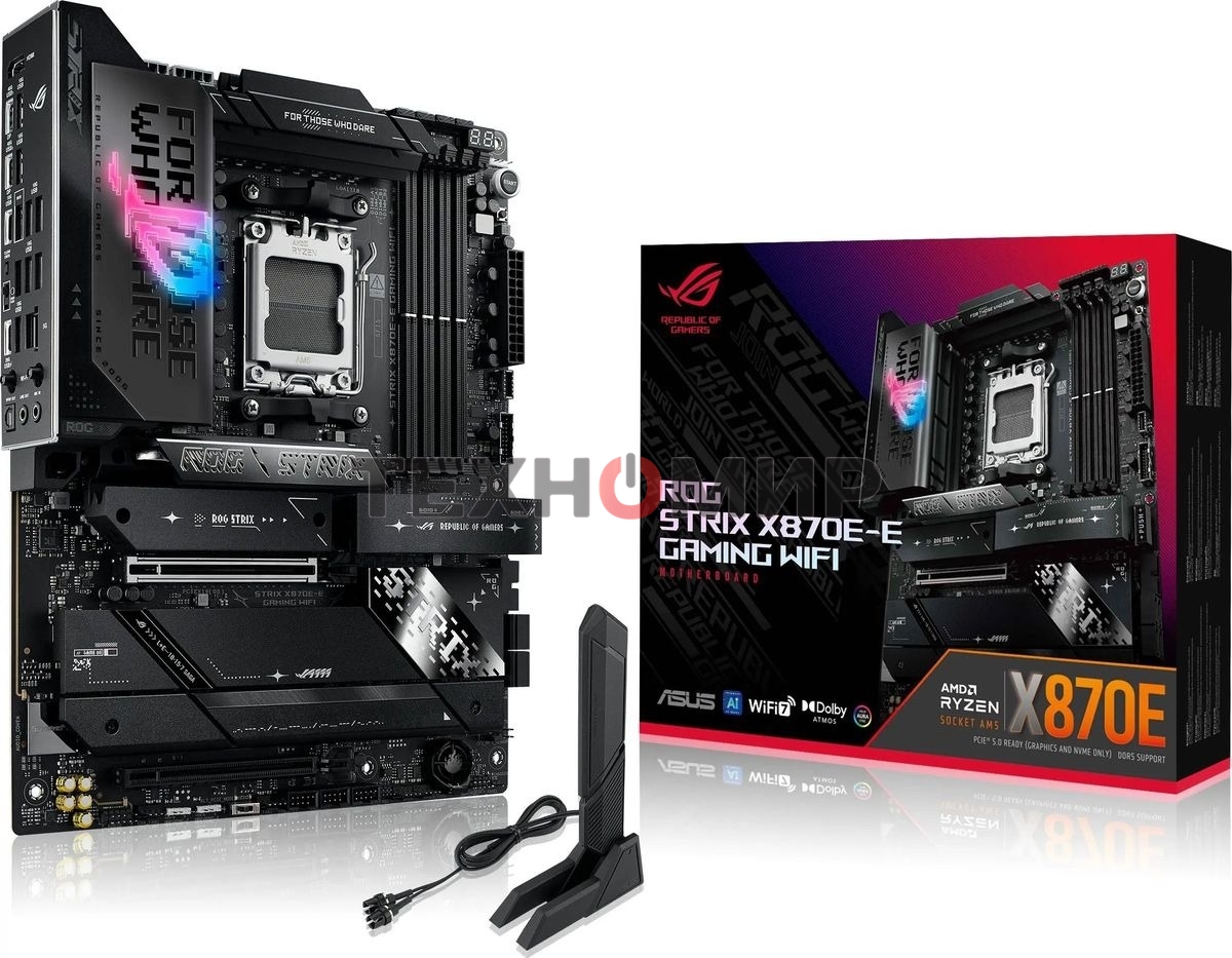 Материнская плата ASUS ROG STRIX X870E-E GAMING WIFI, AM5, AMD X870E, 4xDDR5, 4xSATA, 5xM.2, 1xPCI-E 5.0 x16, 1xPCI-E 4.0 x4, 1xHDMI, 1xUSB-C 3.2 Gen 2, 1xUSB-C 3.2 Gen 2x2, 2xUSB-C 4.0, 1x 5Gb LAN, 9xUSB-A 3.2 Gen 2, 2x3.5 мм, TOSLINK, 1xWi-Fi 7, ATX