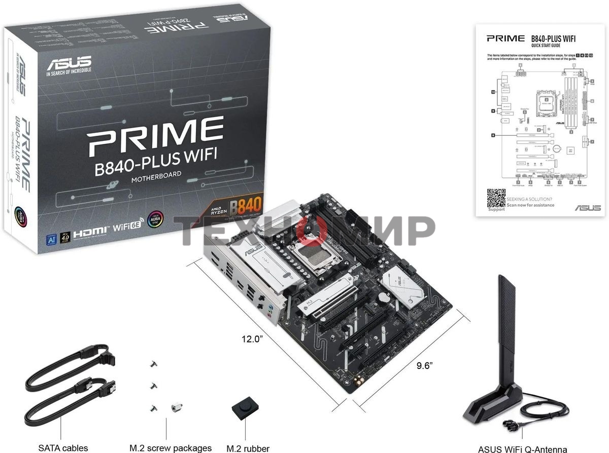 Материнская плата ASUS PRIME B840-PLUS WIFI, AM5, AMD B840, 4xDDR5, 4xSATA, 3xM.2, 1xPCIe 4.0 x16, 1xPCIe 3.0 x16, 2xPCIe 3.0 x16, 1xPCIe 3.0 x1, 1xDP, 1xHDMI, 1x 2.5Gb LAN, 8xUSB-A, 3x3.5 мм, 7.1, ATX