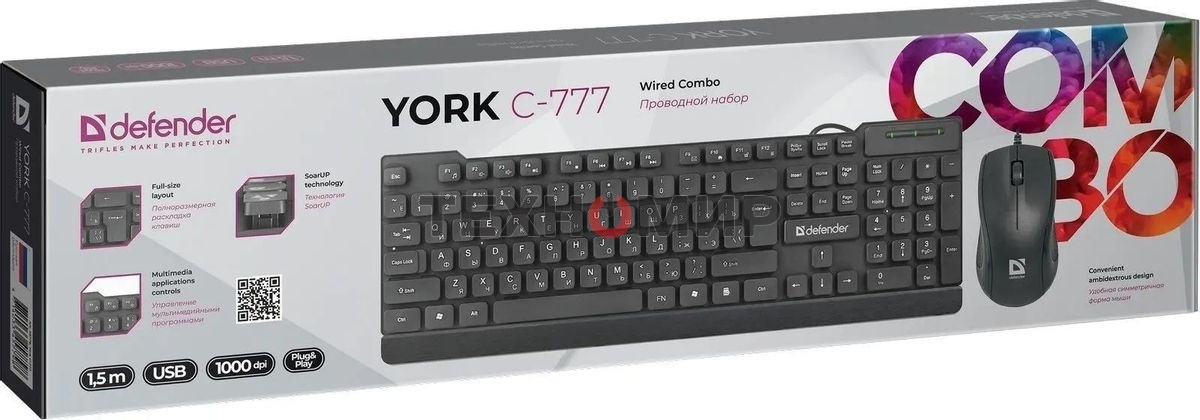 Комплект клавиатура+мышь Defender York C-777 проводной, USB, 1000 DPI, чёрный