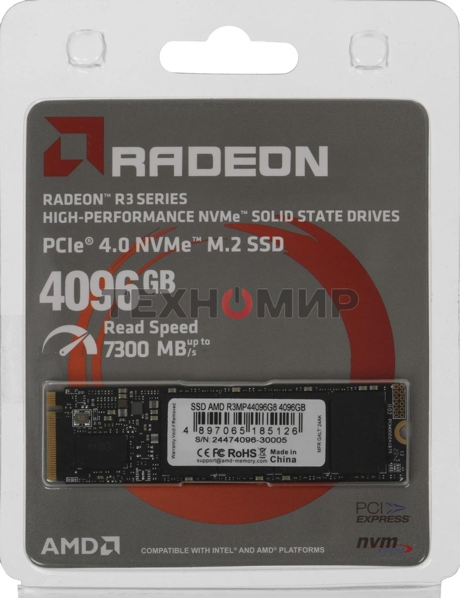 Накопитель SSD AMD Radeon, 4Tb, PCIe 4.0 x4, M.2 2280, NVMe, R/W 7300/6500