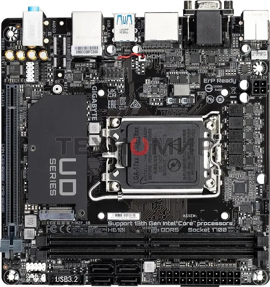 Материнская плата Gigabyte H610I, LGA 1700, Intel H610, 2xDDR5, 4xSATA, 1xM.2, 1xPCIe 4.0 x16, 1xHDMI, 1xVGA, 2xDP, 1x 1Gb LAN, 2xUSB-A 3.2 Gen 1, 4xUSB-A 2.0, 3x 3.5 мм, 7.1, Mini-ITX