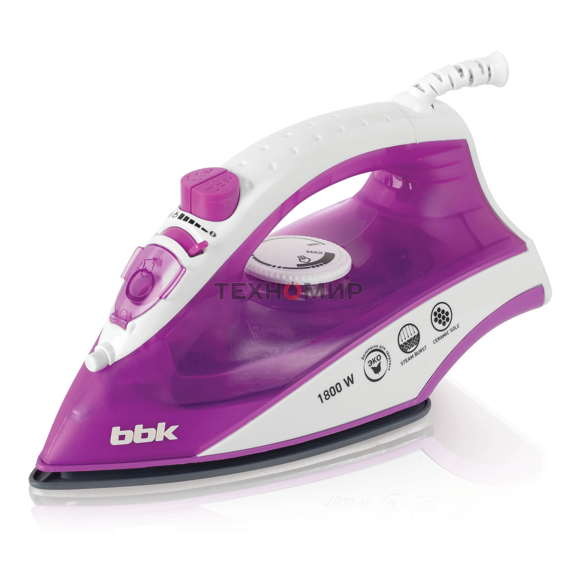 Утюг BBK ISE-1802 фиолетовый/белый, 1800 Вт, 20 г/мин, 60 г/мин, 180 мл