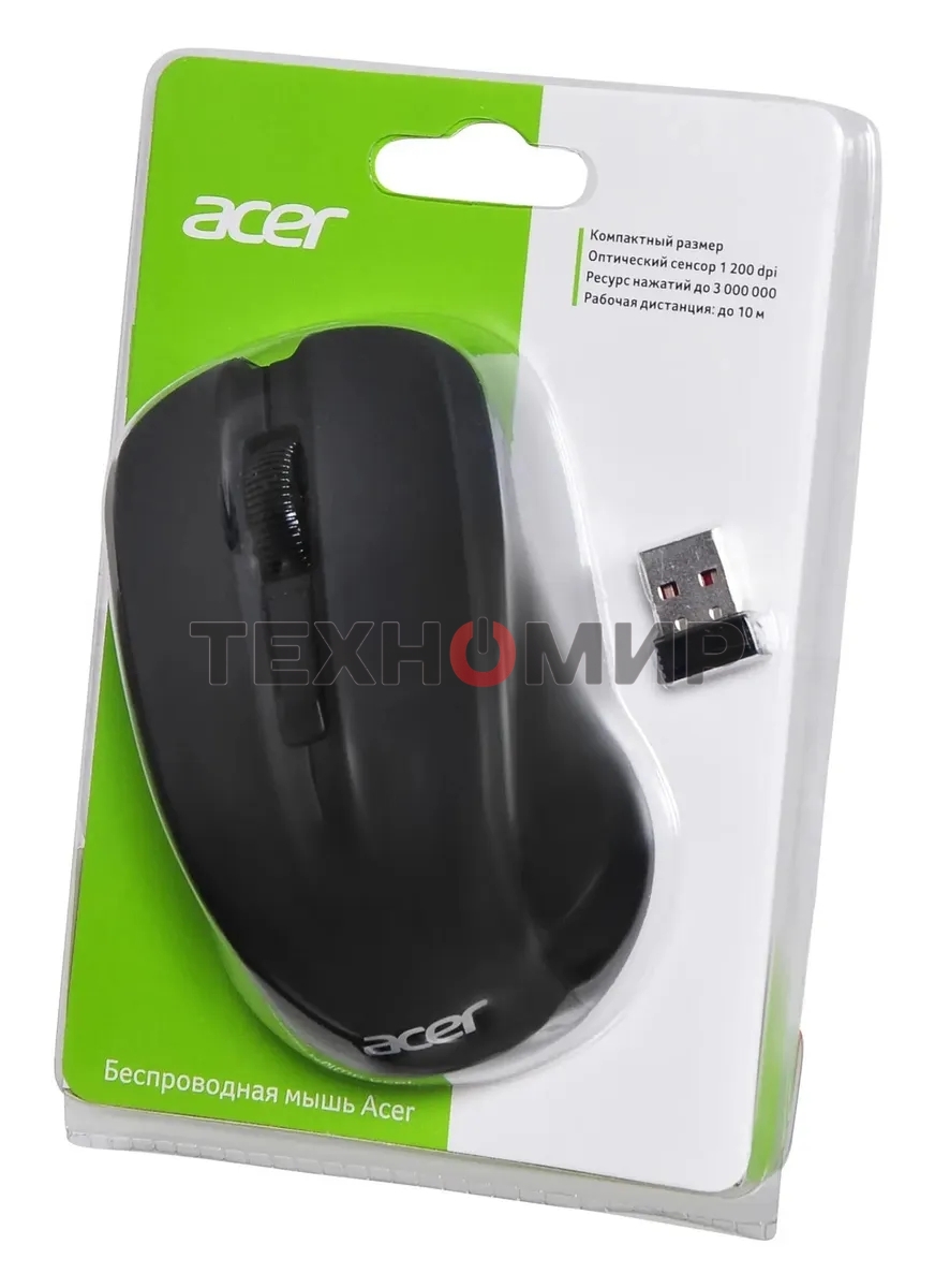 Мышь беспроводная Acer OMR010 черный, 1200 dpi, радиоканал, USB, кнопки - 3