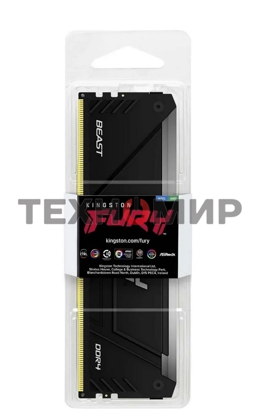 Оперативная память Kingston Fury Beast, DDR4, 16GB (1x16GB), 3200MHz, CL16, DIMM, радиатор, RGB, черный