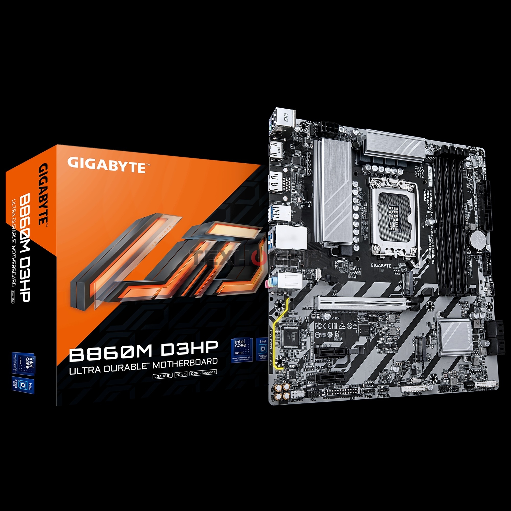 Материнская плата Gigabyte B860M D3HP, LGA 1851, Intel B860, 4xDDR5, 4xSATA, 2xM.2, 1xPCIe 5.0 x16, 2xPCIe x1, 1xHDMI, 1xDP, 1x 1Gb LAN, 3xUSB-A 3.2 Gen 1, 3xUSB-A 2.0, 1xUSB-C 3.2 Gen 1, 3x3.5 мм, 7.1, mATX