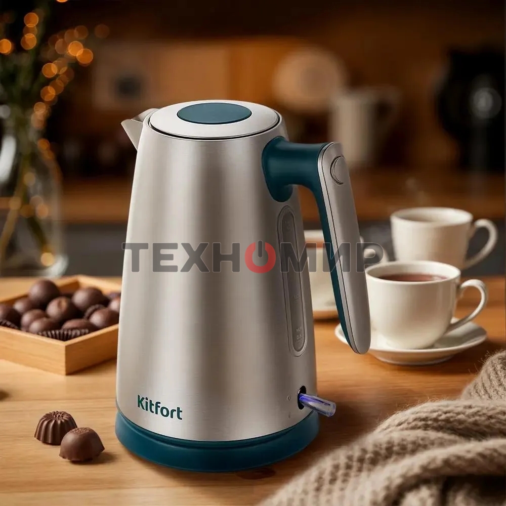 Чайник электрический Kitfort КТ-8725 1.7 л, 2200 Вт, нержавеющая сталь/бирюзовый корпус: нерж.сталь/пластик