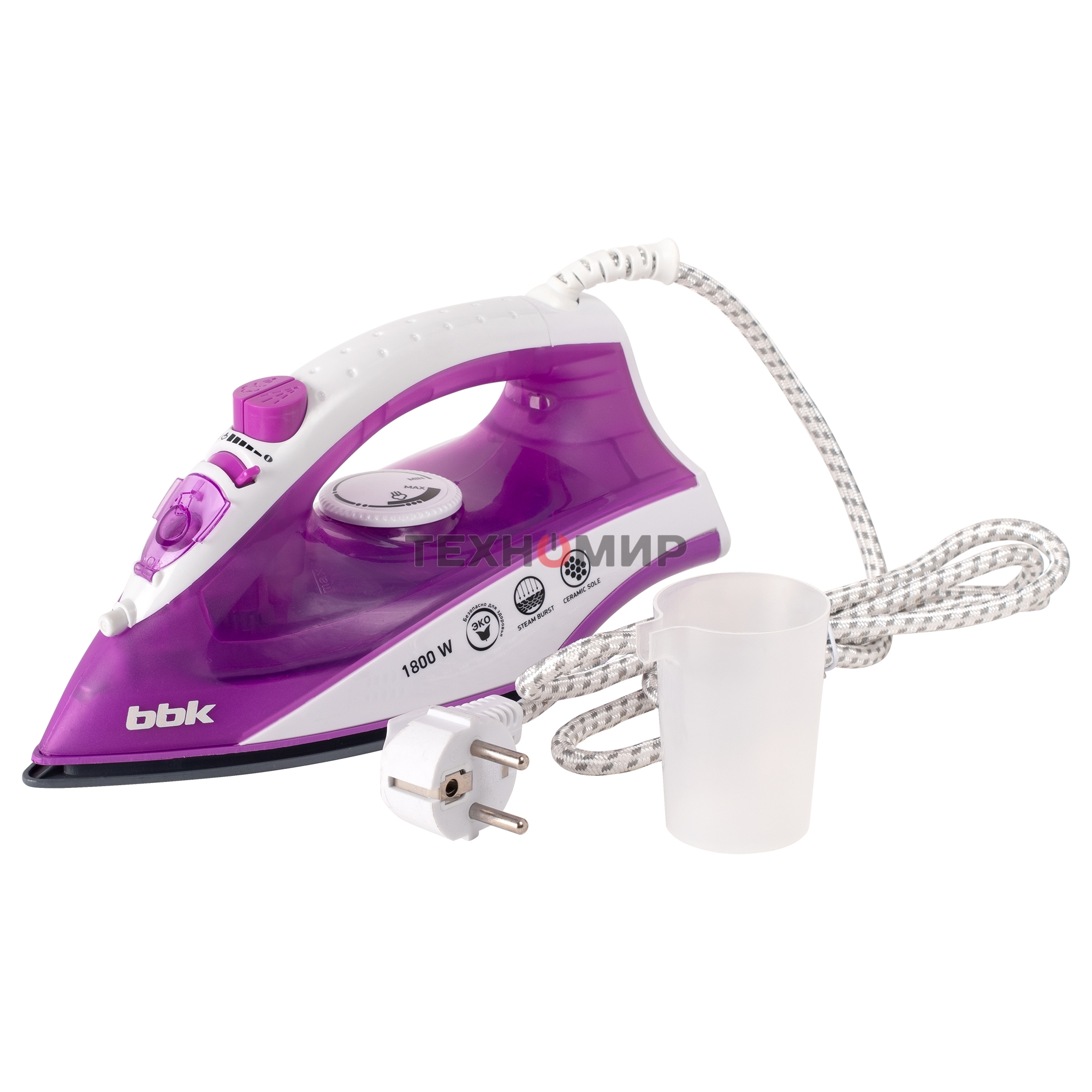 Утюг BBK ISE-1802 фиолетовый/белый, 1800 Вт, 20 г/мин, 60 г/мин, 180 мл