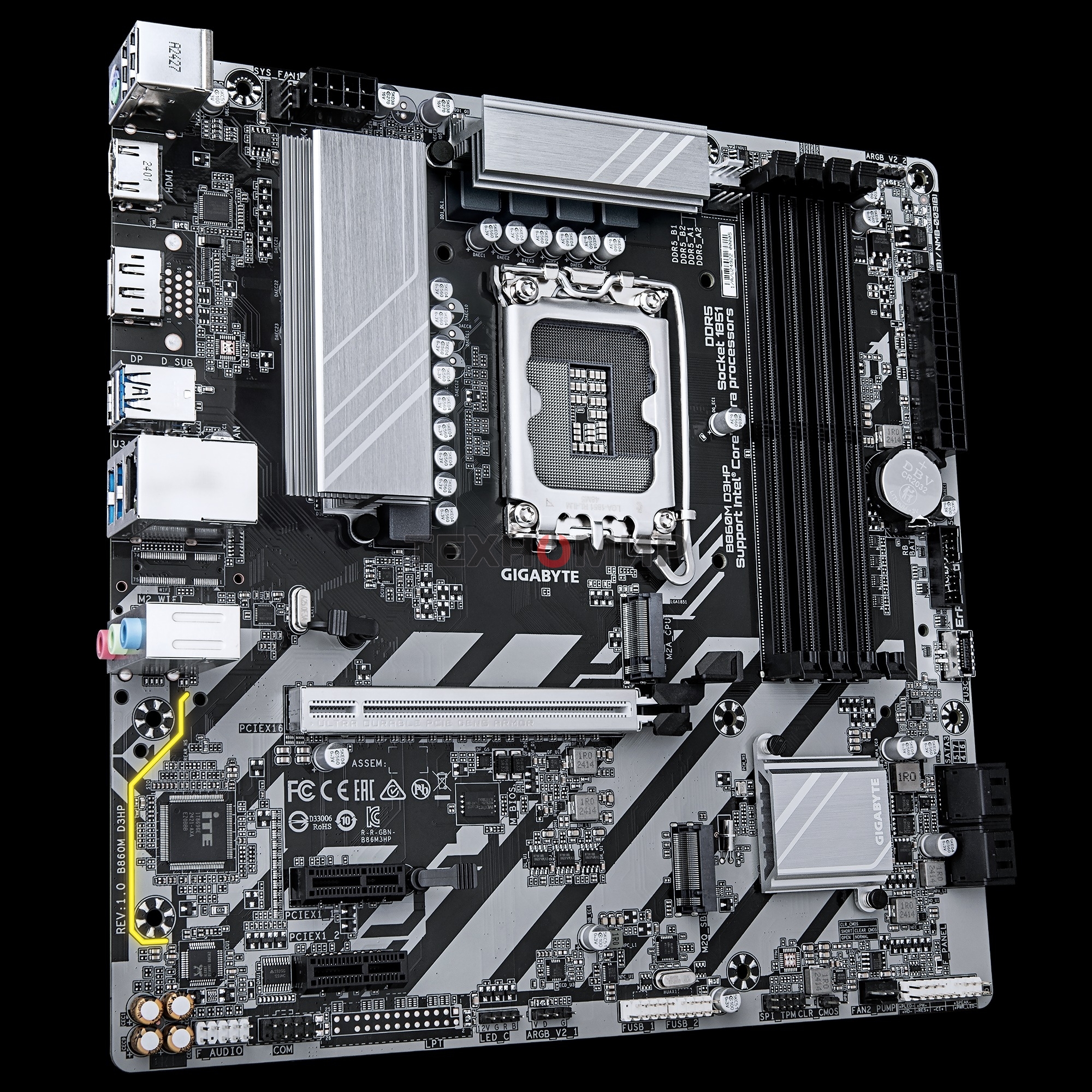 Материнская плата Gigabyte B860M D3HP, LGA 1851, Intel B860, 4xDDR5, 4xSATA, 2xM.2, 1xPCIe 5.0 x16, 2xPCIe x1, 1xHDMI, 1xDP, 1x 1Gb LAN, 3xUSB-A 3.2 Gen 1, 3xUSB-A 2.0, 1xUSB-C 3.2 Gen 1, 3x3.5 мм, 7.1, mATX