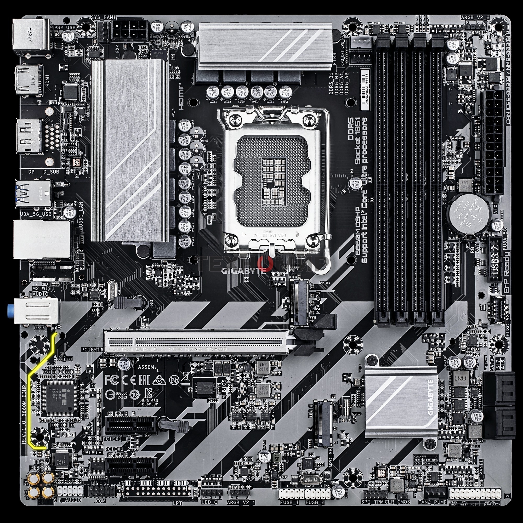 Материнская плата Gigabyte B860M D3HP, LGA 1851, Intel B860, 4xDDR5, 4xSATA, 2xM.2, 1xPCIe 5.0 x16, 2xPCIe x1, 1xHDMI, 1xDP, 1x 1Gb LAN, 3xUSB-A 3.2 Gen 1, 3xUSB-A 2.0, 1xUSB-C 3.2 Gen 1, 3x3.5 мм, 7.1, mATX