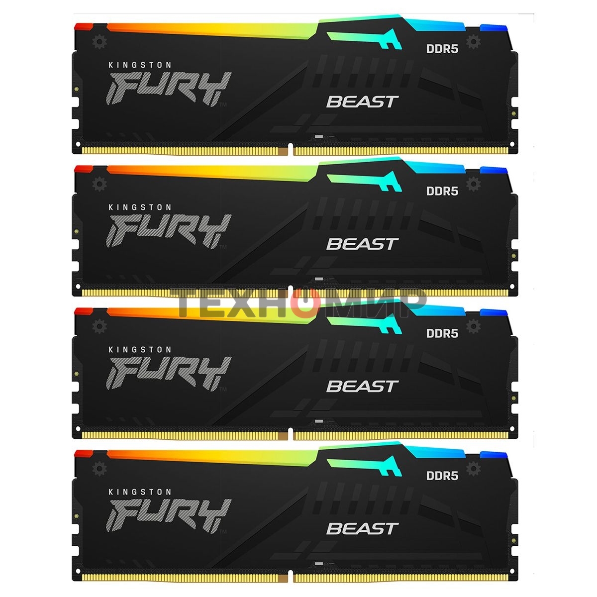 Оперативная память Kingston Fury Beast, DDR5, 128Gb (4x32 GB), 5200 MHz, CL40, DIMM, с радиатором, RGB, черный