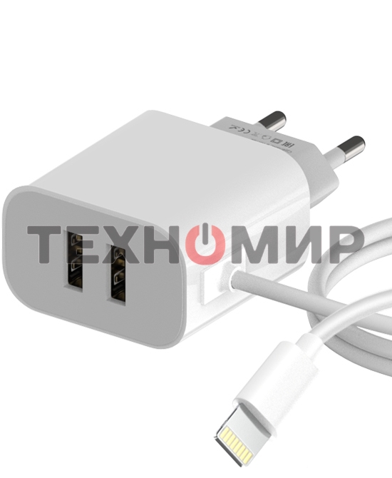 Сетевое зарядное устройство Maxvi CHL-242L 2хUSB 2.4A + литой кабель Lightning 1.2м, белый