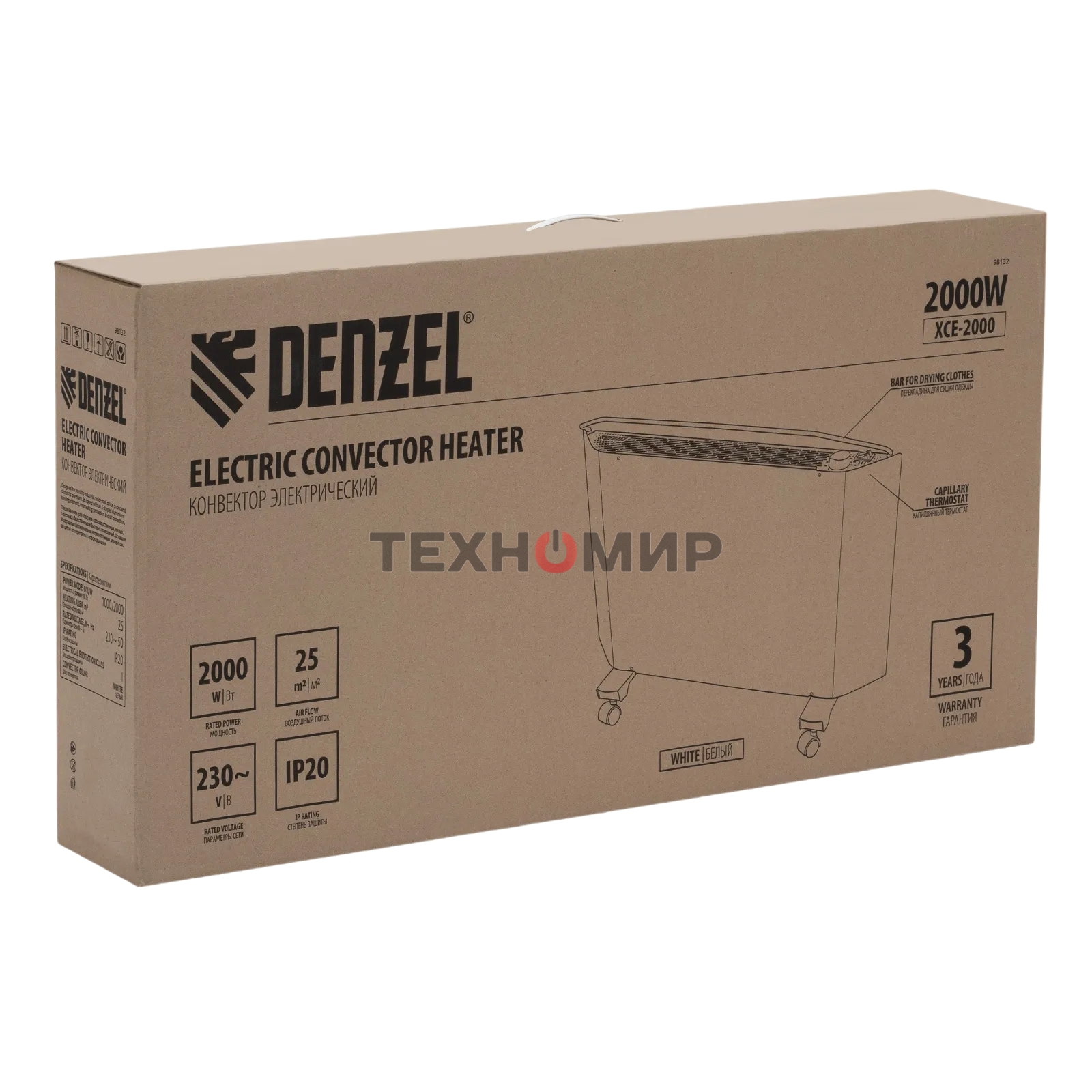 Конвектор электрический Denzel XCE-2000 белый, 2000 Вт, 25 м2, термостат