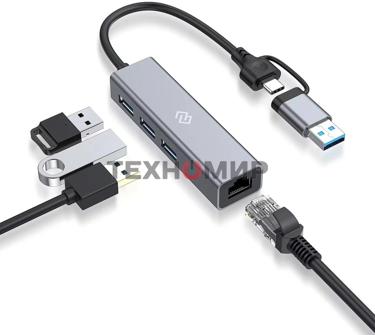 Разветвитель USB-C Digma DHUB-LAN-4port 4порт. серебристый