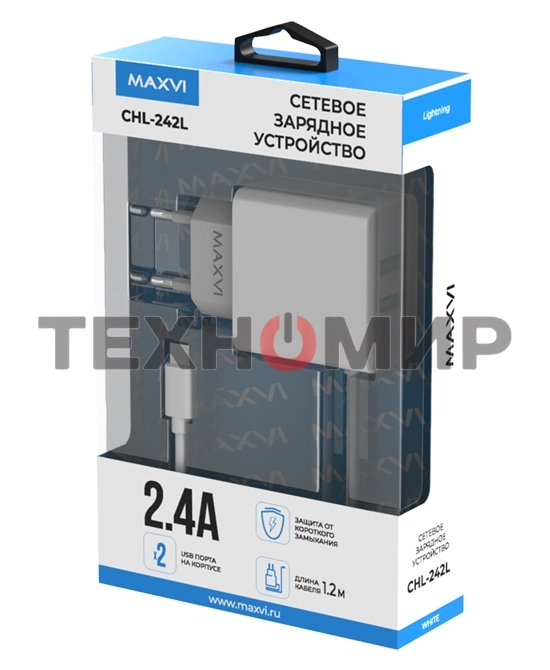Сетевое зарядное устройство Maxvi CHL-242L 2хUSB 2.4A + литой кабель Lightning 1.2м, белый