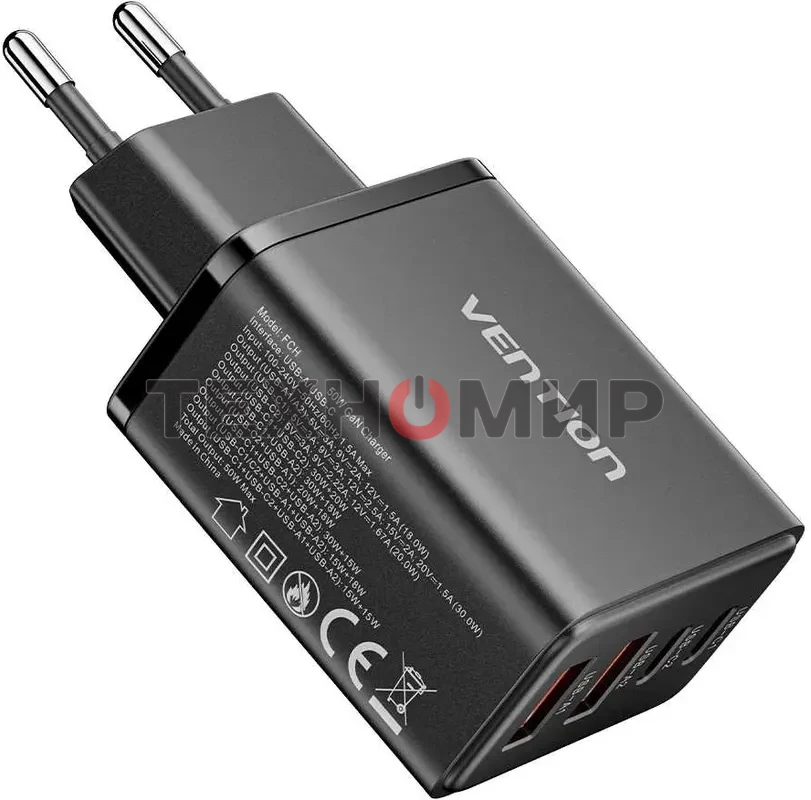 Сетевое зарядное устройство Vention на 4 порта GaN 50W USB (C+C+A+A) Черный