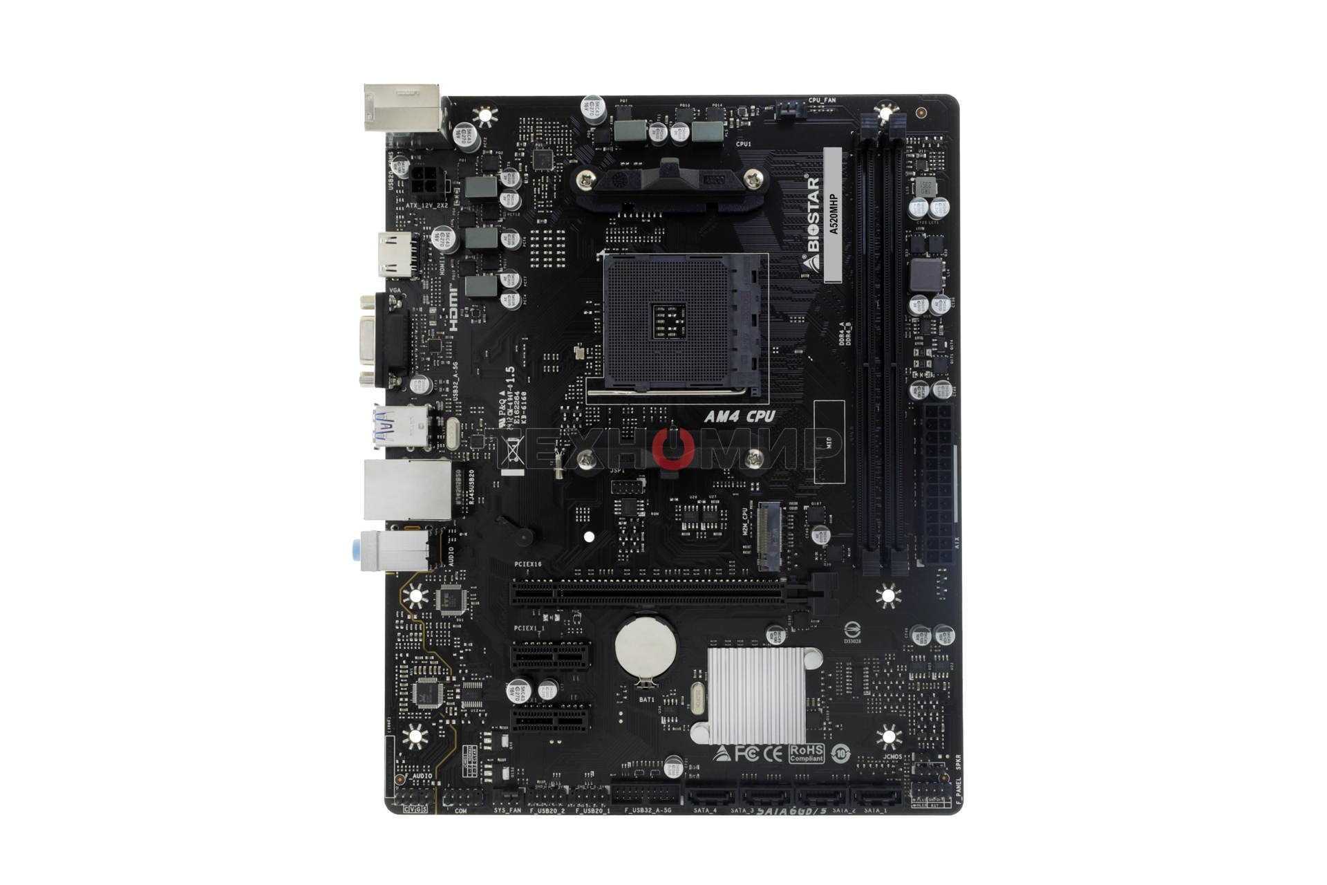 Материнская плата Biostar A520MHP, AM4, AMD A520, 2xDDR4, 4xSATA, 1xM.2, 1xPCI-E 3.0 x16, 2xPCI-E x1, 1xHDMI, 1xVGA, 1x 1Gb LAN, 2xUSB-A 3.2 Gen 1, 4xUSB-A 2.0, 3x3.5 мм, 7.1, Micro-ATX