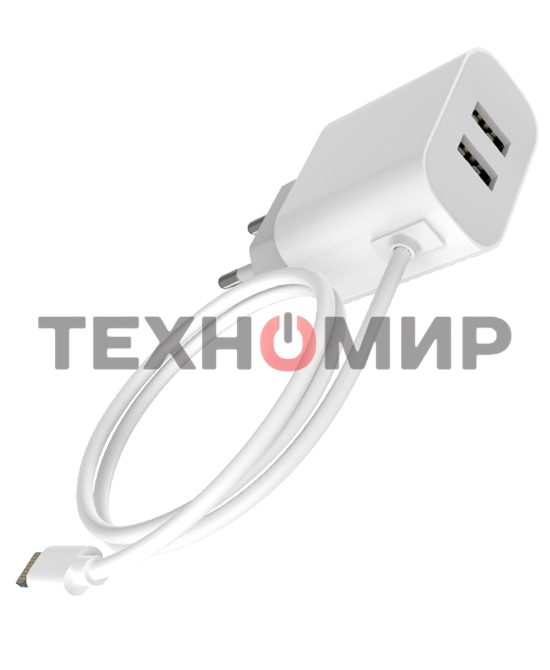 Сетевое зарядное устройство Maxvi CHL-242L 2хUSB 2.4A + литой кабель Lightning 1.2м, белый