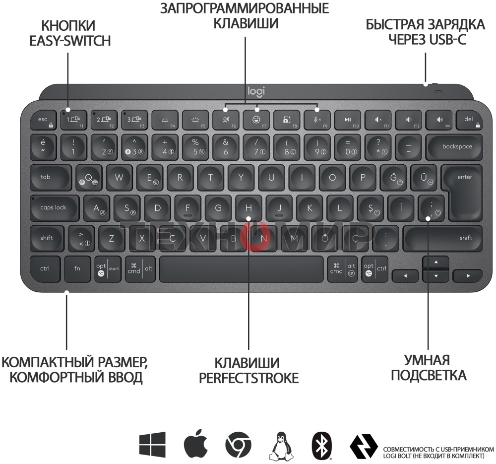 Клавиатура беспроводная Logitech MX Keys Mini (920-010501), USB, Bluetooth/Радиоканал, темно-серый/черный