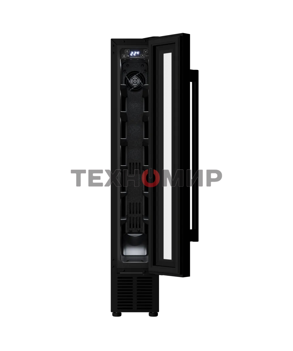 Винный шкаф Kuppersberg RBW 15, встраиваемый, High-Tech, ВхШхГ 87х15х52.5 см, объем 20 л, вместимость 7 бутылок, диапазон температуры 5-20 градусов, механическое открытие двери, LED дисплей, уровень шума 39 дБ, черный