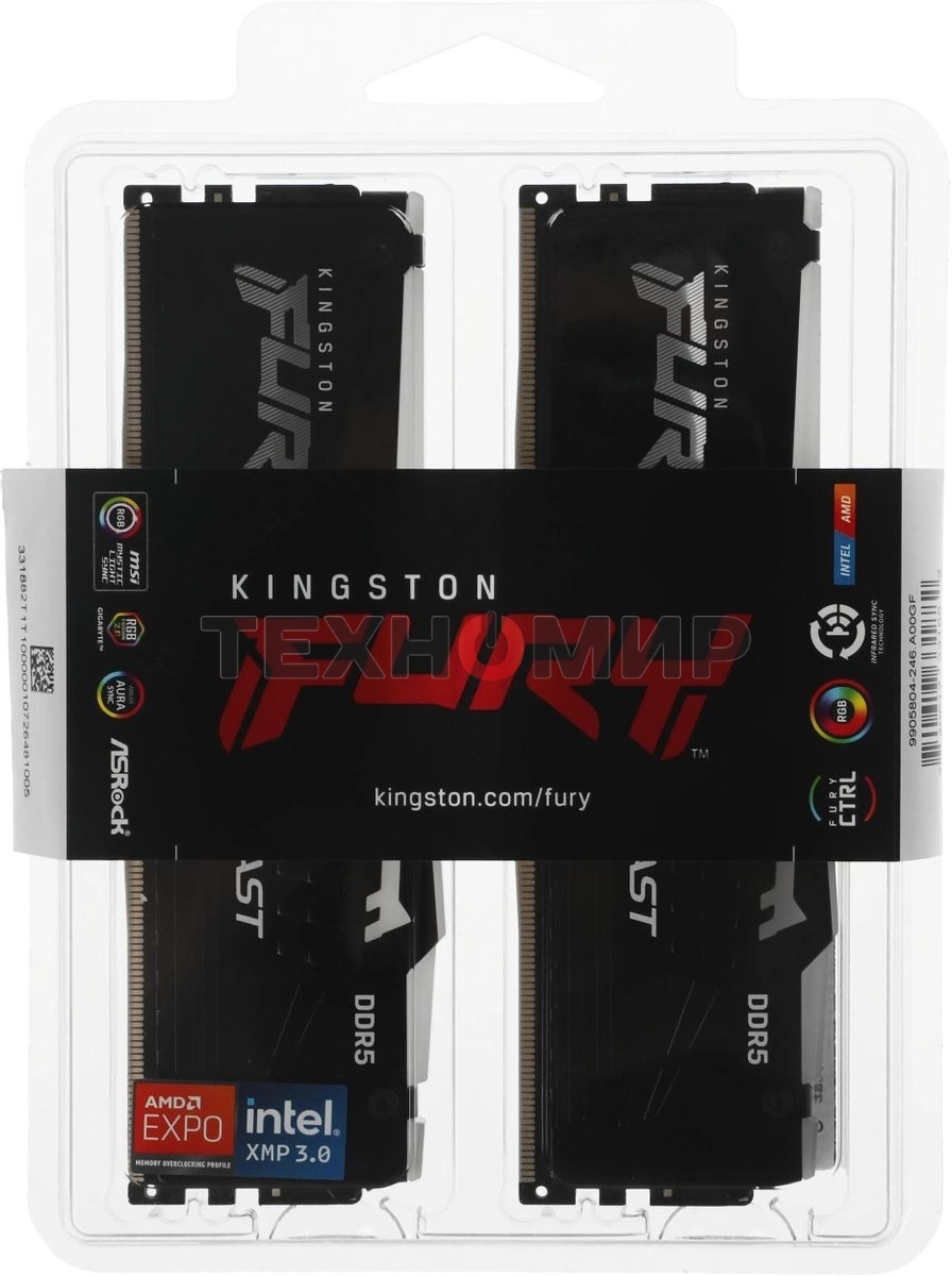 Оперативная память Kingston Fury Beast, DDR5, 64Gb (2x32Gb), 6000MHz, CL36, DIMM, с радиаторами, RGB, черный