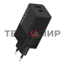 Сетевое зарядное устройство Maxvi A482GN 65W, 1xUSB-A, 1xUSB-C, черный