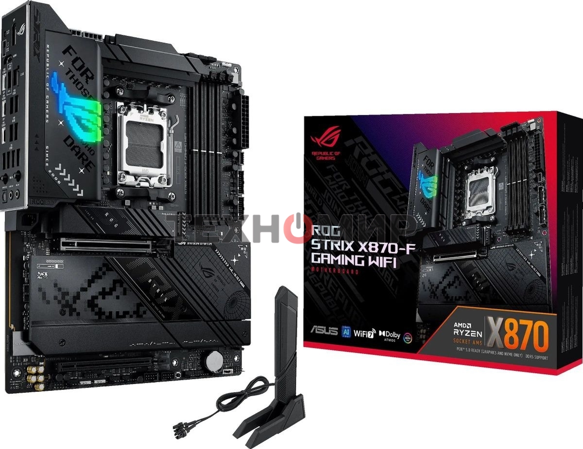Материнская плата ASUS ROG STRIX X870-F GAMING WIFI, AM5, AMD X870, 4xDDR5, 2xSATA, 4xM.2, 1xPCI-E 5.0 x16, 1xPCI-E 4.0 x4, 1xHDMI, 1xDP, 2xUSB-C USB4, 1xUSB-C 10Gbps, 5xUSB-A 10Gbps, 4xUSB-A 5Gbps, 1x 2.5Gb LAN, 2x3.5 мм, 7.1, ATX