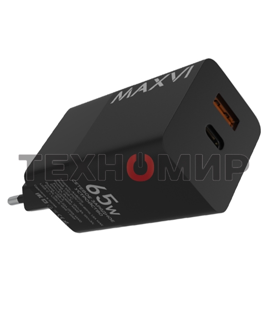 Сетевое зарядное устройство Maxvi A482GN 65W, 1xUSB-A, 1xUSB-C, черный