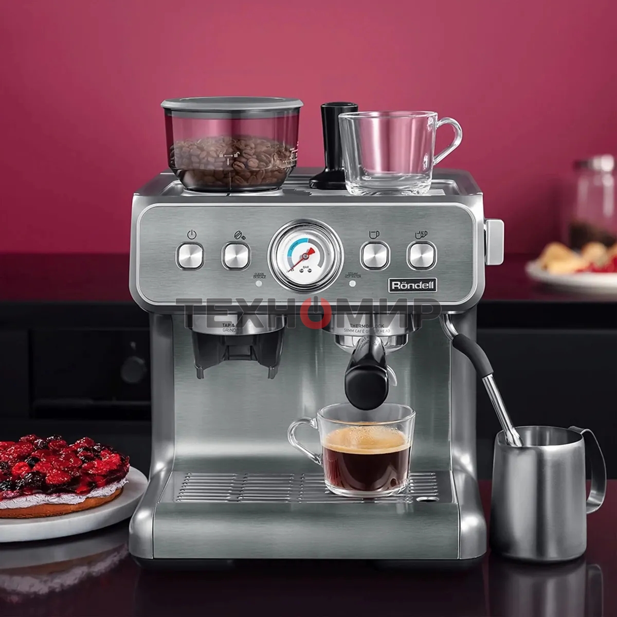 Кофемашина автоматическая Rondell 1105-RE-01 серебристый, исп. кофе - зерновой, 2.8 л, 1550 Вт, 15 Бар.