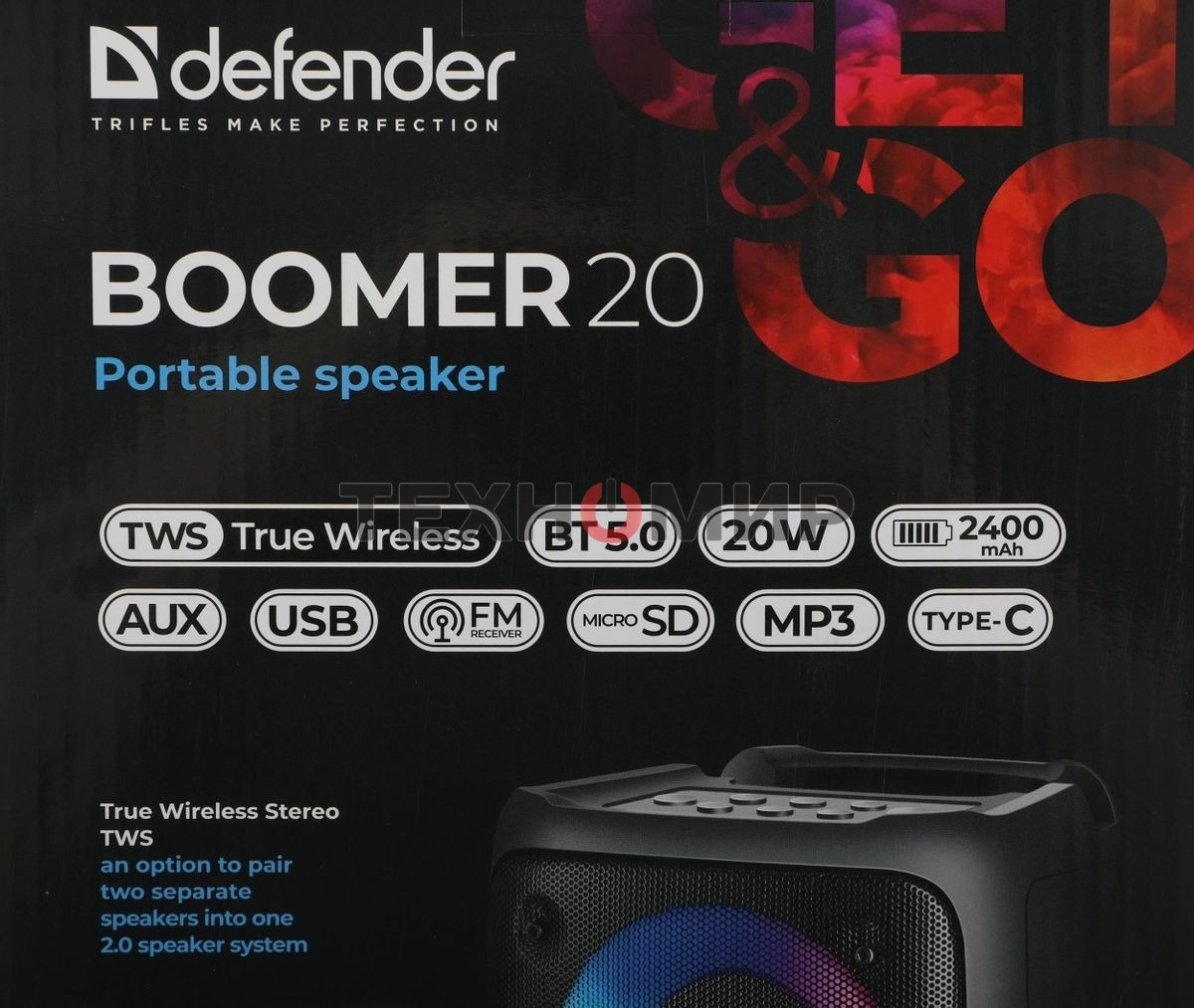 Портативная колонка Defender Boomer 20 20Вт Light/BT/FM/USB/AUX/MIC черный